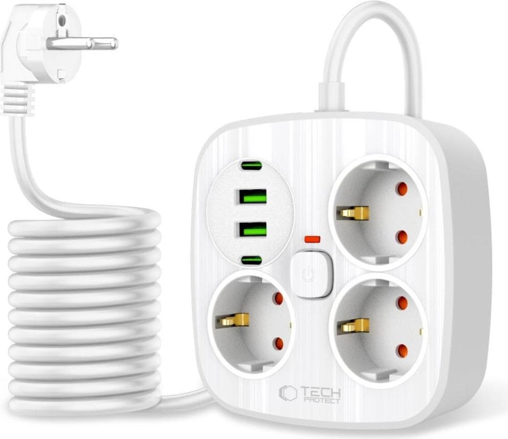 Разклонител с 3xAC контакта и захранване с 2хUSB-C и 2хUSB-A портове за мобилни устройства - Tech-Protect PCS3X4 Power Strip (бял)