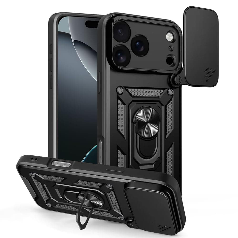Хибриден удароустойчив кейс с пръстен против изпускане за iPhone 17 Pro Max - Techsuit CamShield Case (черен)