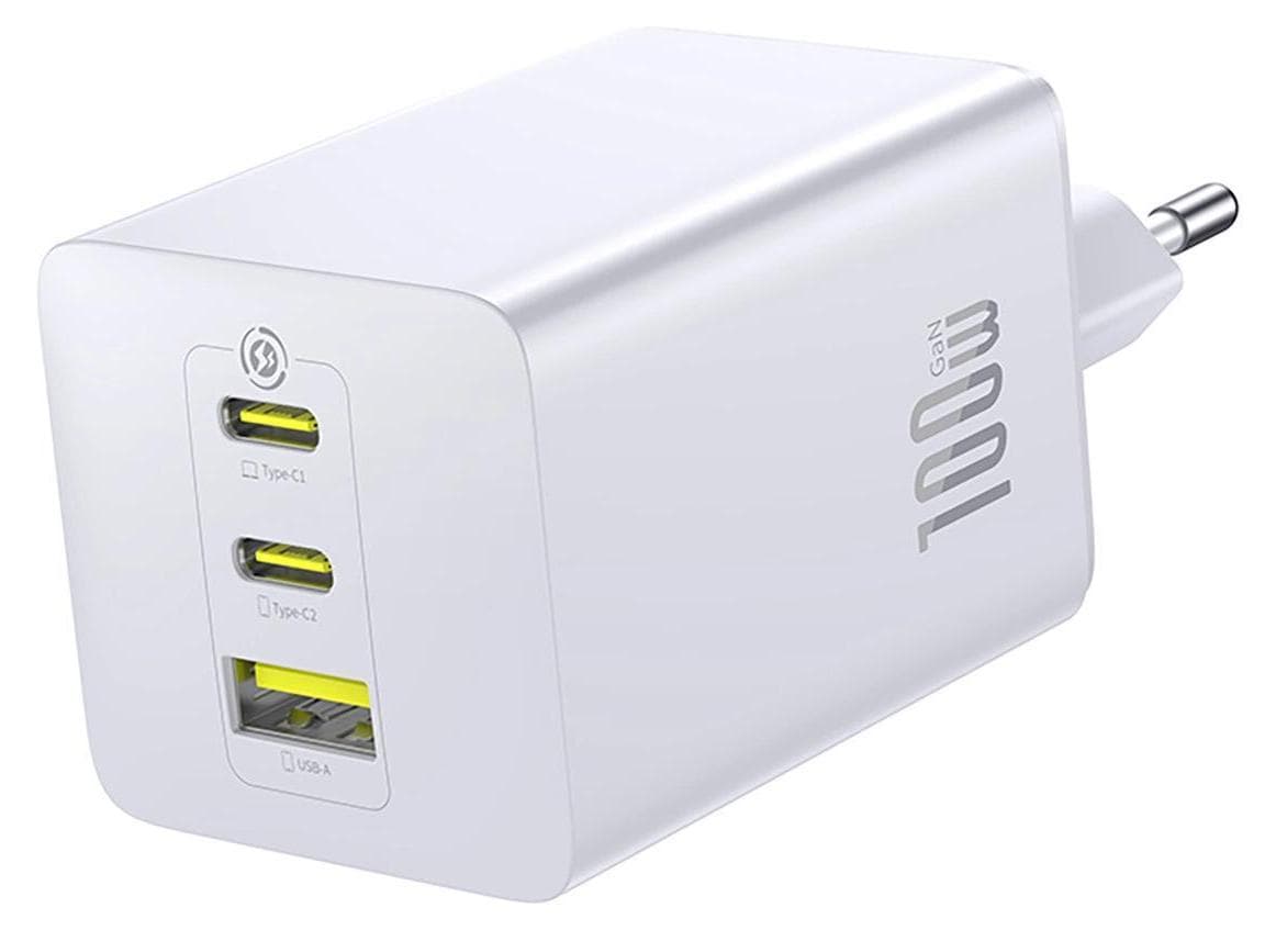 Захранване за ел. мрежа за лаптопи, смартфони и таблети с 2xUSB-C и 1xUSB-A изходи - Baseus EnerFill FE11 GaN Wall Charger 100W (бял)