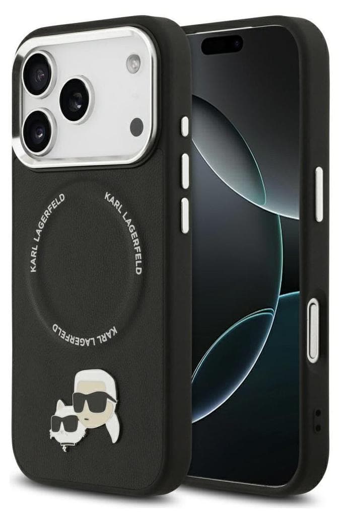 Дизайнерски кожен кейс с MagSafe за iPhone 17 Pro Max - Karl Lagerfeld PU Karl and Choupette Heads Pins MagSafe Case (черен)