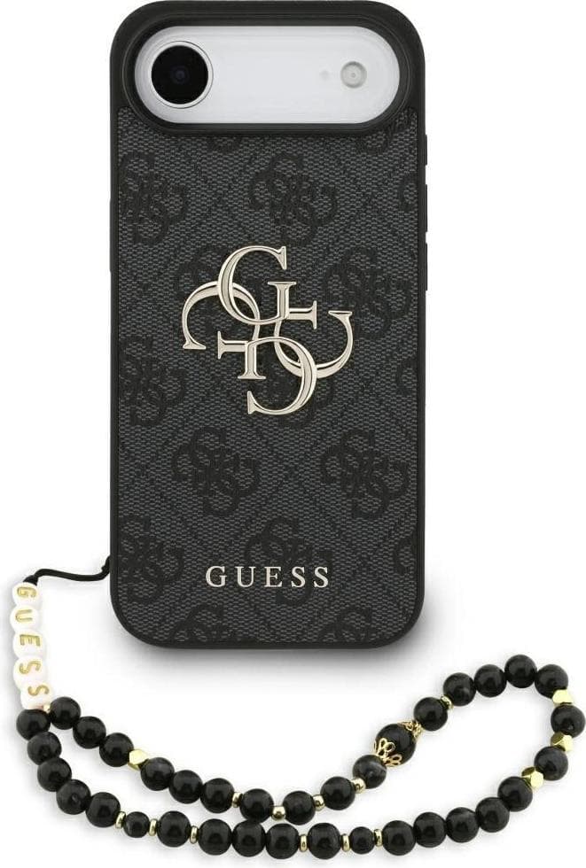 Дизайнерски кожен кейс с връзка за китката за iPhone 17 Air - Guess PU 4G Metal Logo Strap Case (черен)