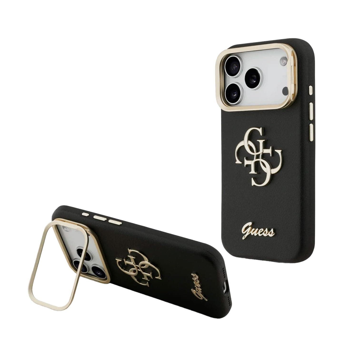 Дизайнерски кожен кейс с вградена поставка за iPhone 17 Pro - Guess PU Grained 4G Logo Stand Camera Frame Case (черен)