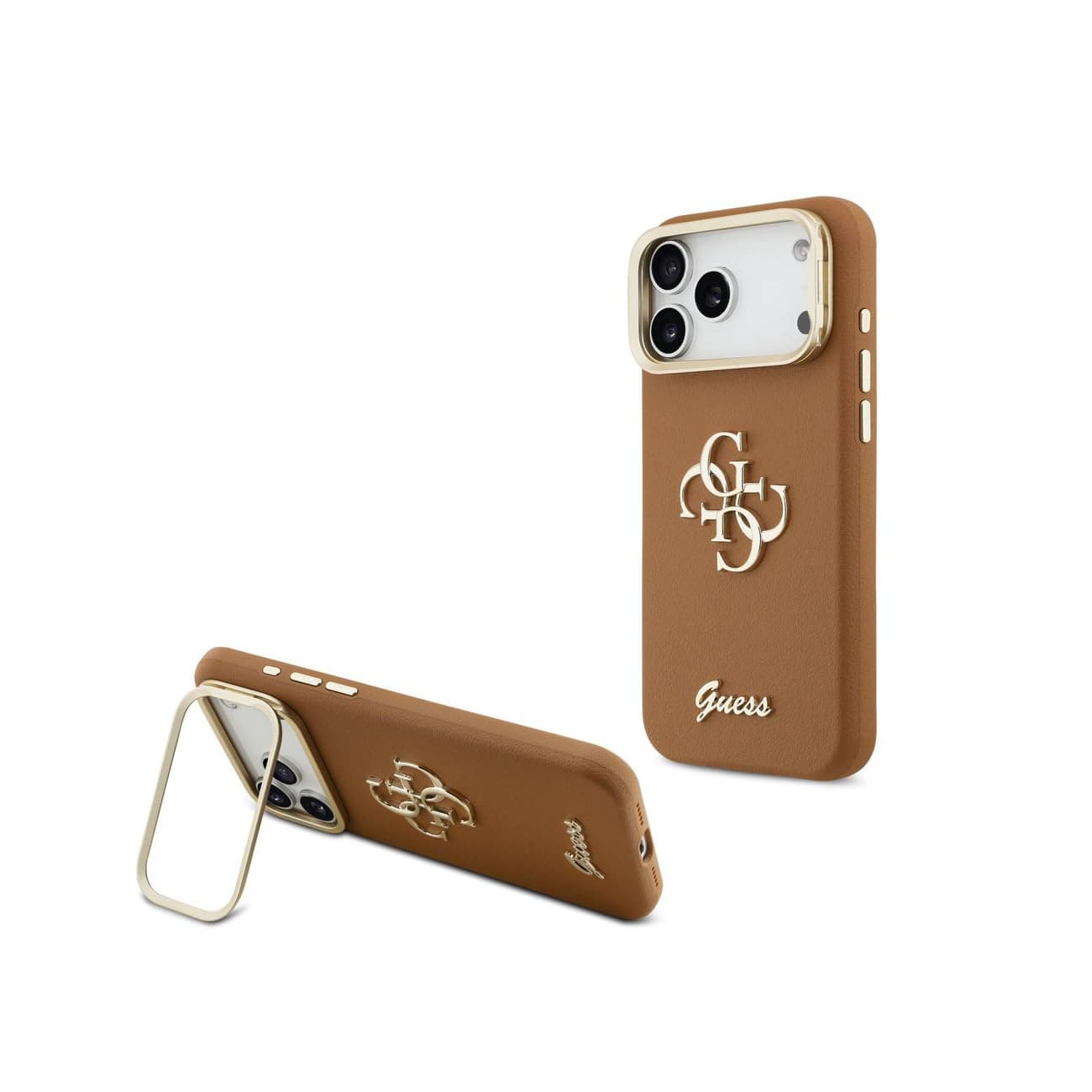 Дизайнерски кожен кейс с вградена поставка за iPhone 17 Pro Max - Guess PU Grained 4G Logo Stand Camera Frame Case (кафяв)