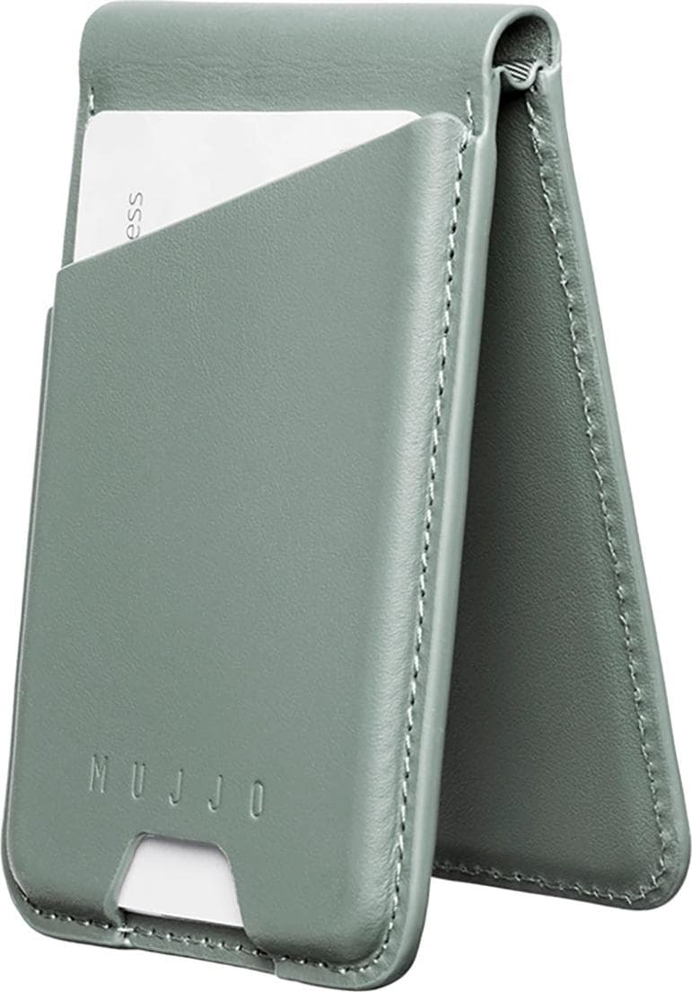 Кожен портфейл (джоб) с вградена поставка за прикрепяне към iPhone с MagSafe - Mujjo Full Leather Magnetic Wallet Stand (зелен)