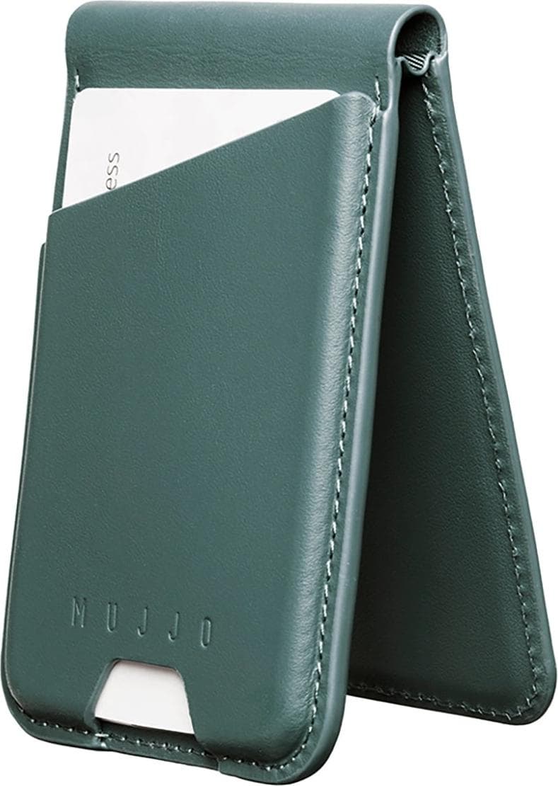 Кожен портфейл (джоб) с вградена поставка за прикрепяне към iPhone с MagSafe - Mujjo Full Leather Magnetic Wallet Stand (тъмнозелен)