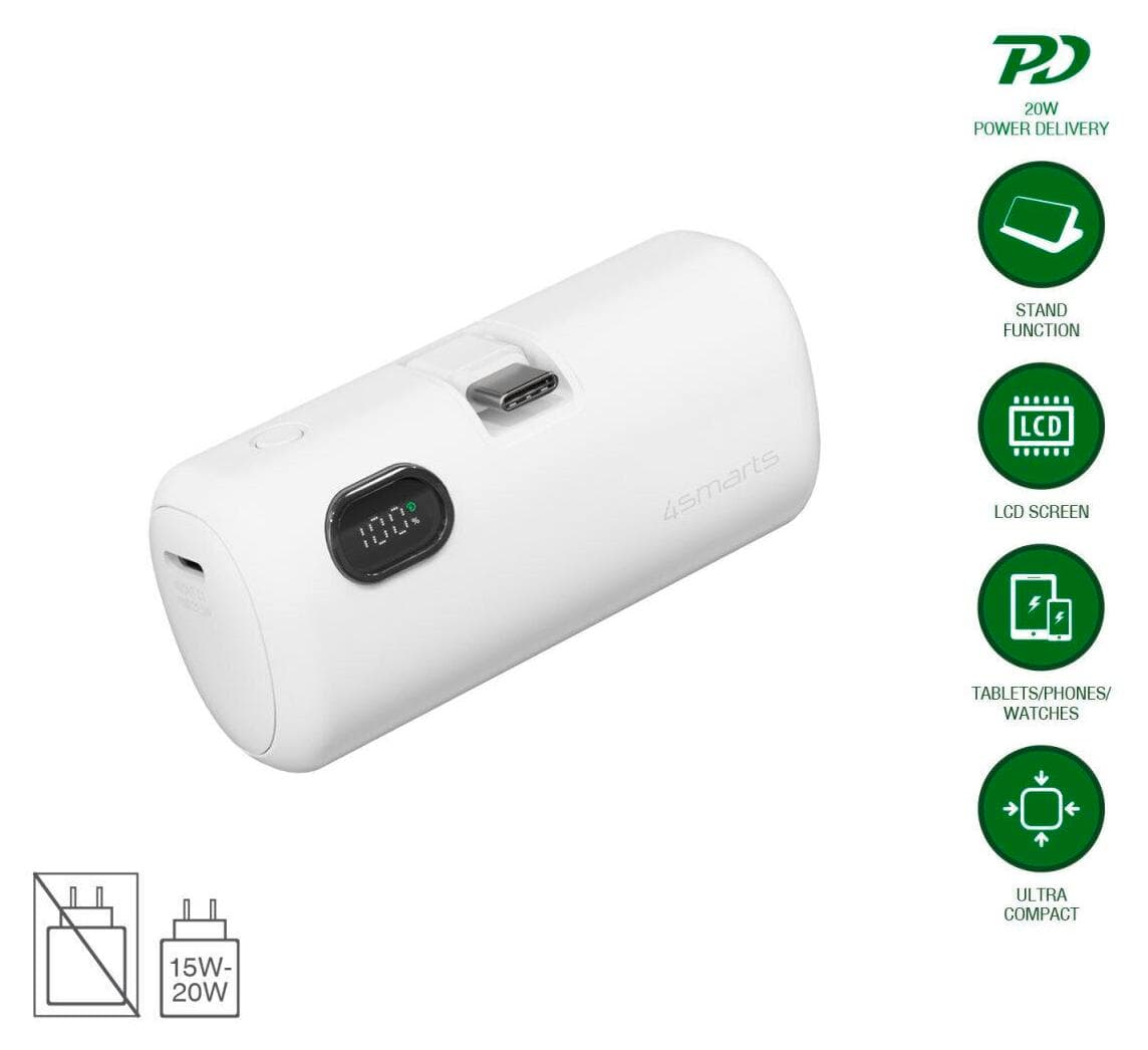 Външна батерия с USB-C конектор - 4smarts PicoFold Powerbank USB-C Connector 5000mAh 22.5W (бял)