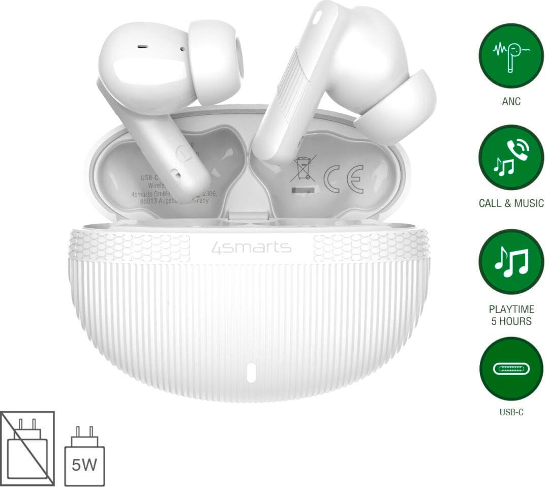 Безжични блутут слушалки със зареждащ кейс - 4smarts SkyBuds Pro ANC TWS In-Ear Bluetooth Earphones (бял)