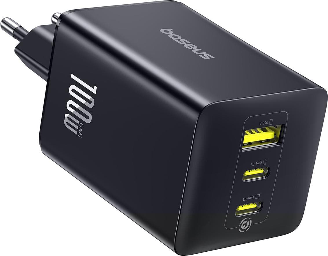 Захранване за ел. мрежа за лаптопи, смартфони и таблети с 2xUSB-C и 1xUSB-A изходи - Baseus EnerFill FE11 GaN Wall Charger 100W (черен)