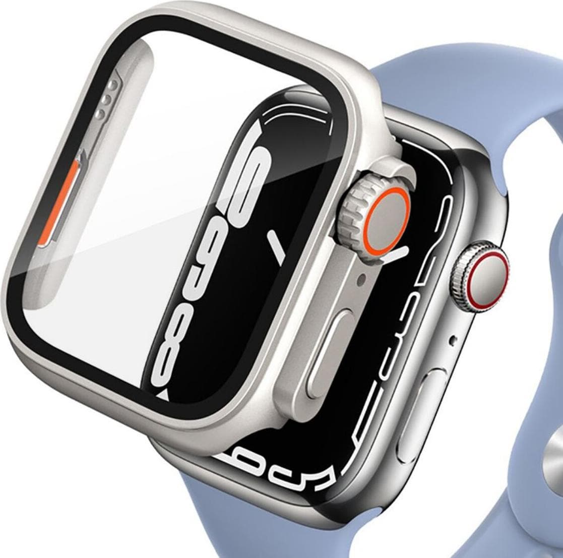 Качествен твърд кейс с вграден стъклен протектор за дисплея на Apple Watch 45мм- Tech-Protect Defense360 Case (бежов-оранжев)