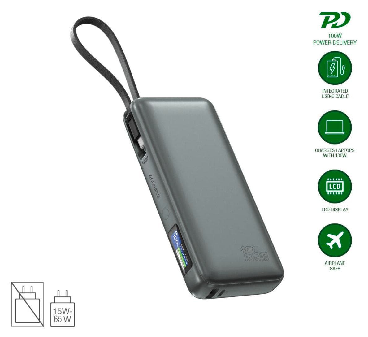 Външна батерия с USB-A и USB-C портове и вграден USB-C кабел - 4smarts Power Bank Enterprise 20000 mAh 165W (тъмносив)