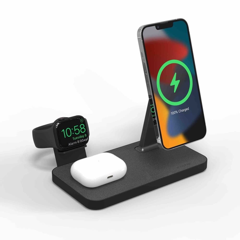 Тройна поставка (пад) за безжично зареждане за iPhone с Magsafe, Apple Watch, AirPods Pro и Qi съвместими устройства - Mophie Snap Plus 3in1 Magnetic MagSafe Wireless Charger (черен)