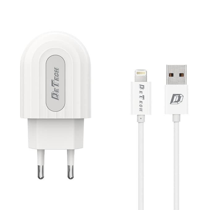 Зарядно устройство DeTech DE-28i, от контакт към USB A(ж), 5V/2.4A, бял, с Lightning кабел