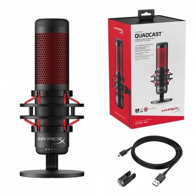 Микрофон HyperX QuadCast, настолен, 20Hz-20kHz, антивибрационен шоков монтаж USB, вътрешен поп филтър, черен