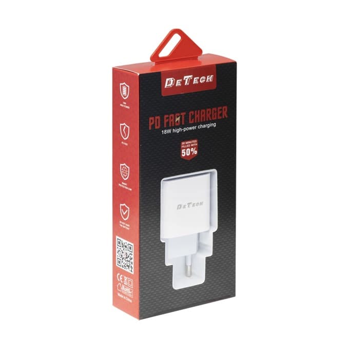 Зарядно устройство DE-30PD, от контакт към USB C(ж), 5V, 3.0A, кабел от USB C(м) към USB C(м, 1m, бял