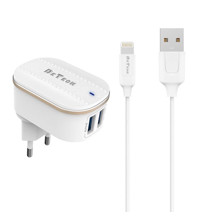 Зарядно устройство DeTech DE-15i, от контакт към 2x USB Type A(ж), 5V, 3.1A, бяло, с включен Lightning(м) кабел