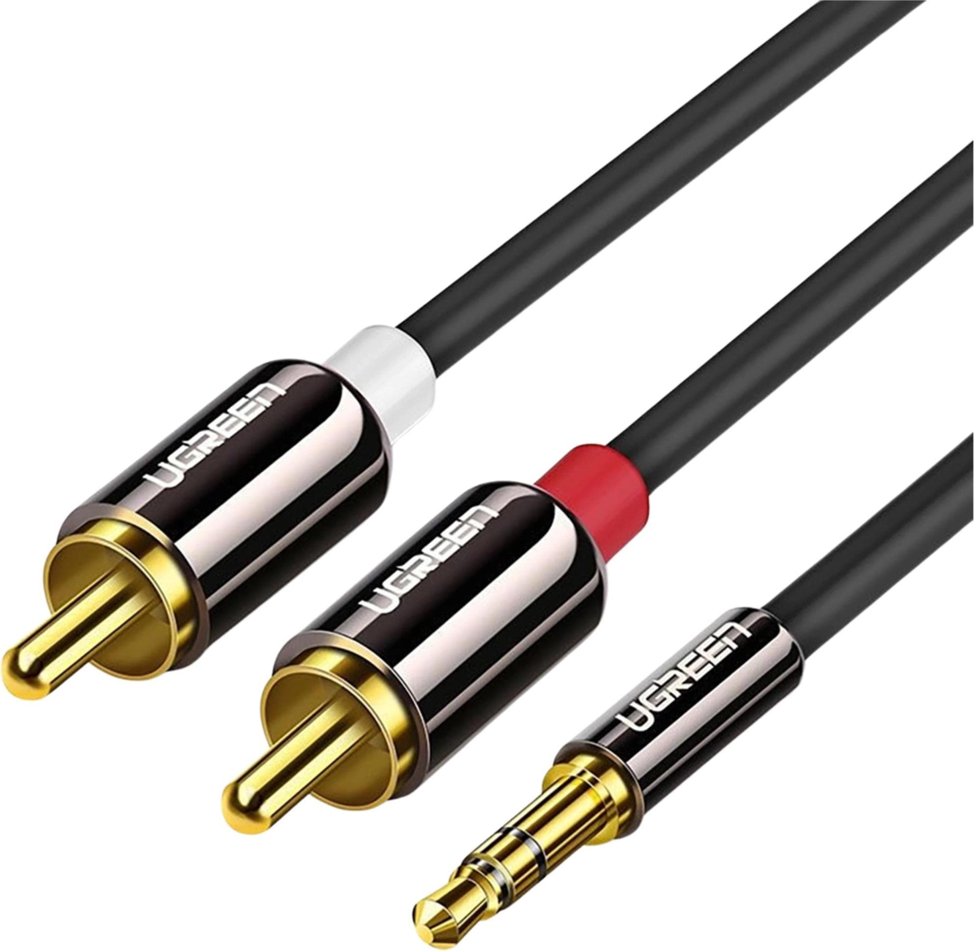 Качествен аудио кабел 2xRCA (мъжко) към 3.5mm (мъжко) (200 см) - Ugreen AV116 2xRCA Male to 3.5mm Male Audio Cable (черен)