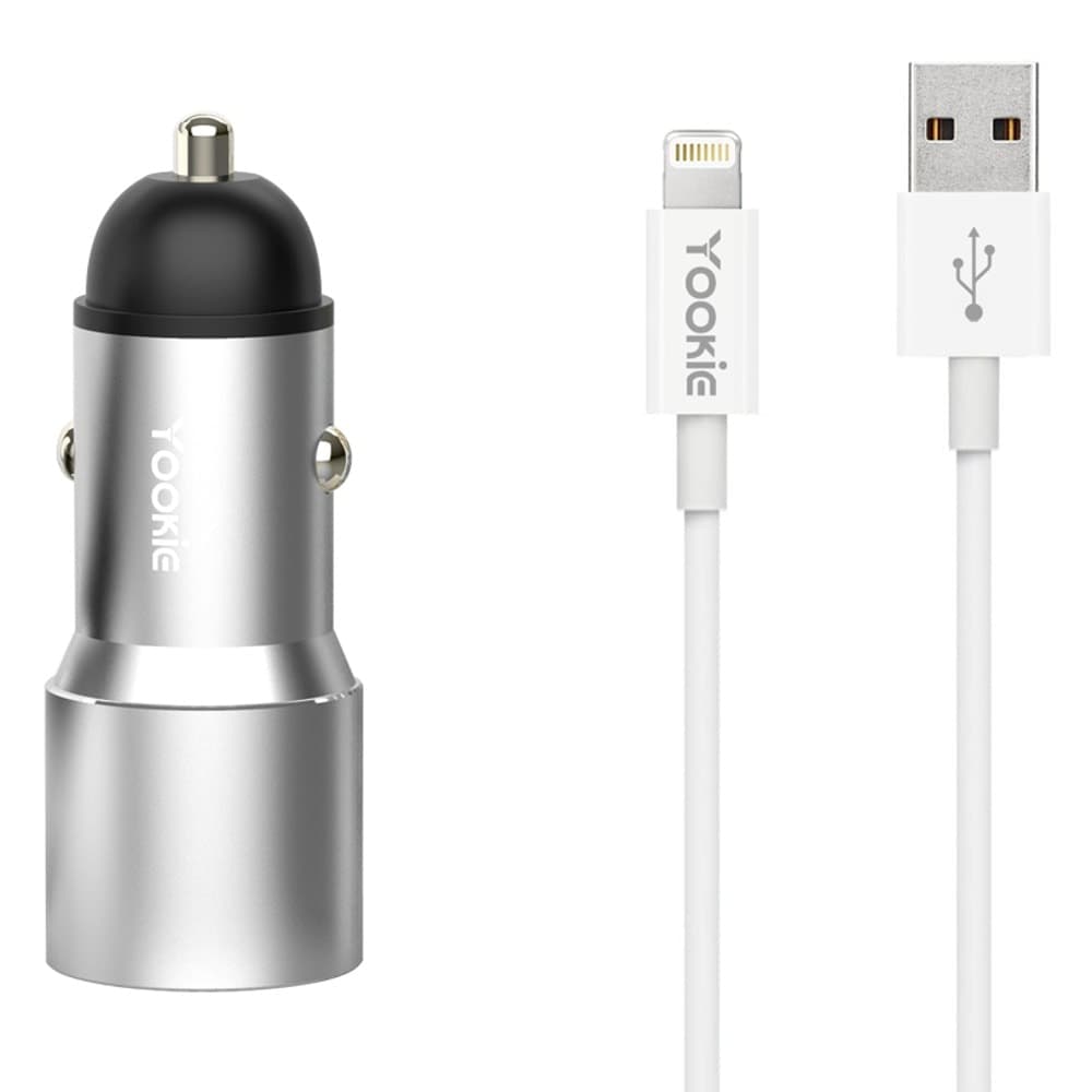 Зарядно устройство за кола Yookie PC4, от автомобилна запалка към 2x USB(ж), 12V, 1.5A, Quick Charge 3.0, Lightning кабел, различни цветове