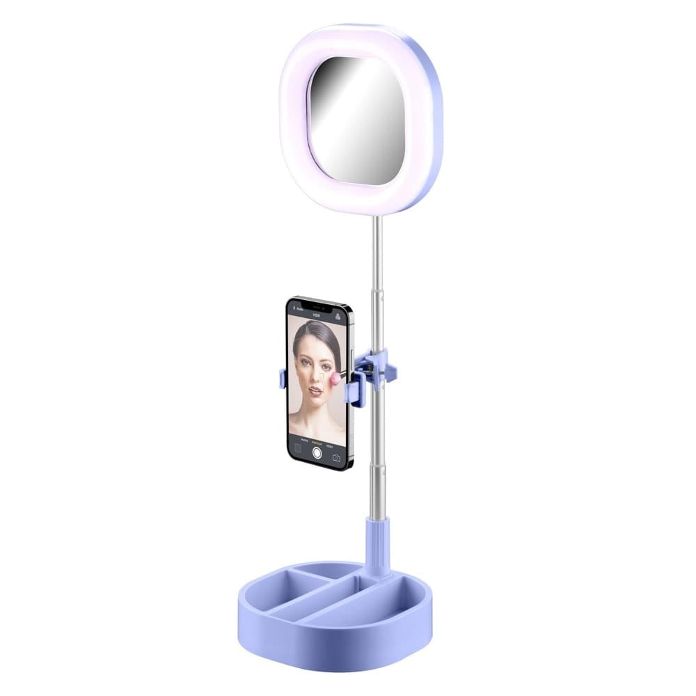 Стойка за селфи Cellularline Selfie Ring Mirror, USB, 6-инчов LED пръстен, 3 режима на осветление, лилав