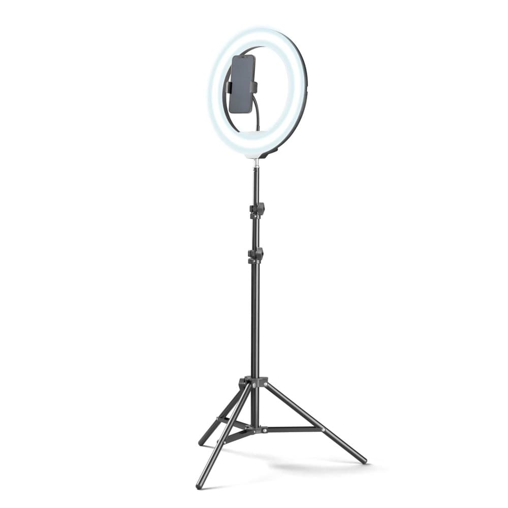 Стойка за селфи Cellularline Selfie Pro, USB, 13-инчов LED пръстен, 3 режима на осветление, черен