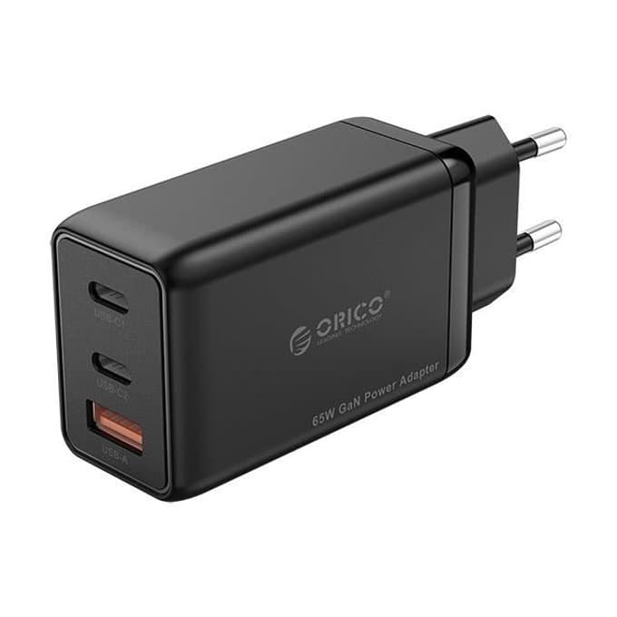 Зарядно устройство Orico PV65-1U2C-EU-BK, от контакт към 1x USB-A(ж)/2x USB-C(ж), 4.5-20V/1.5-5A, черно