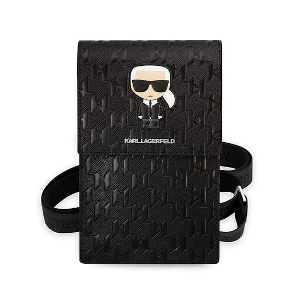 Оригинална универсална чанта с презрамки, подходяща за смартфони - Karl Lagerfeld Monogram Ikonik Wallet Bag (черен)