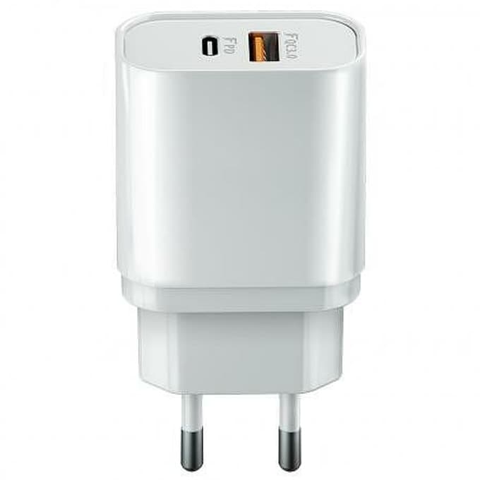 Зарядно устройство Cellularline Forever Ultra Fast Charger 20W, от контакт към 1x USB C(ж)/1x USB A(ж), 20W, бяло, включен 1m USB C кабел