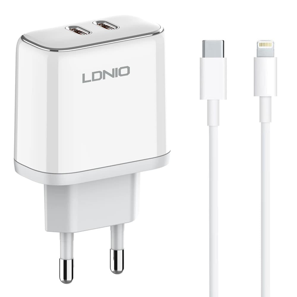 Зарядно устройство LDNIO A2528M, от контакт към 2x USB Type-C (ж), 5V/3.0A, бял, кабел от USB Type-C (м) към Lightning (м), MFi сертификация