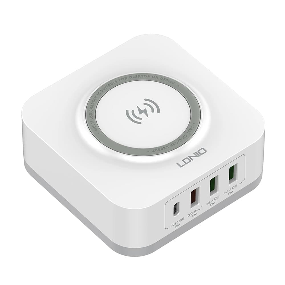 Зарядно LDNIO, от контакт към безжично зареждане, Type-C:30W, USB F Quick charge:18W, 2xUSB F Auto-ID:12W, Безжично зареждане:15W, Qi, бяло