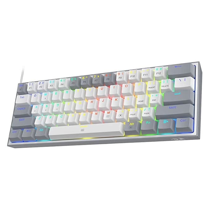 Клавиатура Redragon K617-RGB-GW_RD, механична, hot-swappable, червен суич, гейминг, компактна, RGB подсветка, бяло-сива, USB C