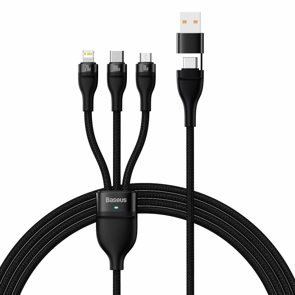 Кабел Baseus Flash Series II, от USB A(м) към USB C(м) / microUSB(м) / Lightning(м), 1.2m, 100W, черен