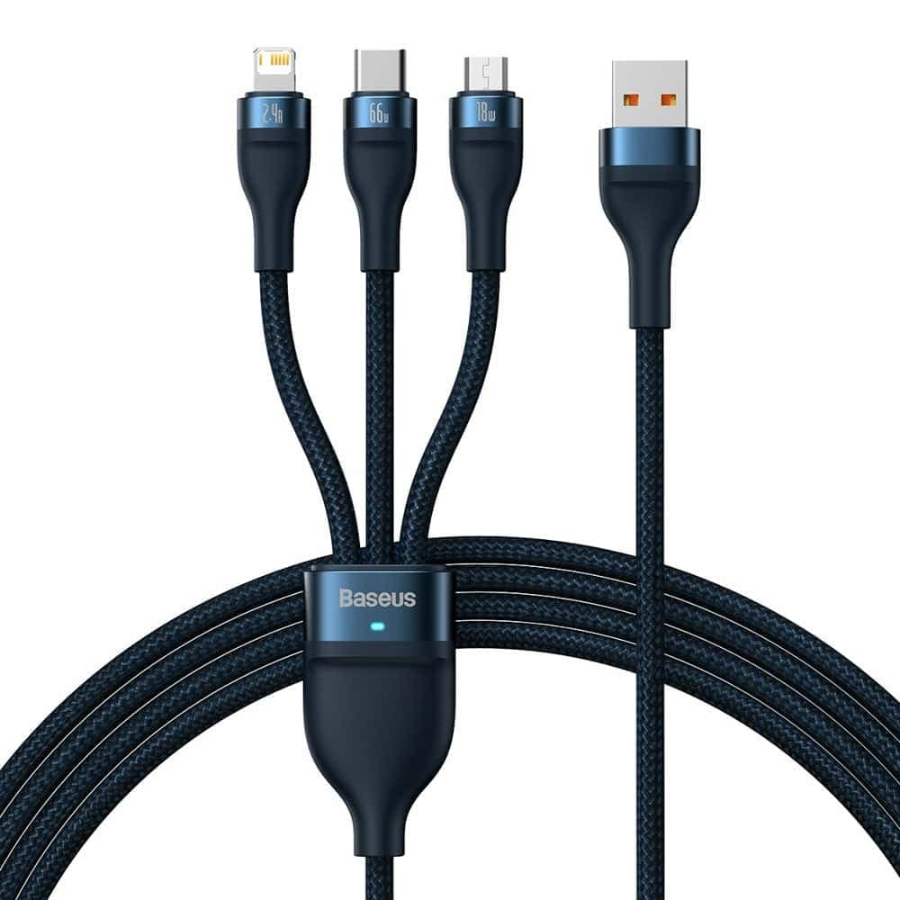 Кабел Baseus Flash Series II, от USB A(м) към USB C(м) / microUSB(м) / Lightning(м), 1.2m, 66W, син