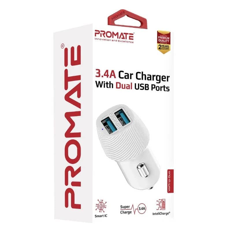 Зарядно за кола с два USB изхода за мобилни устройства - Promate VolTrip-Duo Car Charger Dual USB 3.4A (бял)
