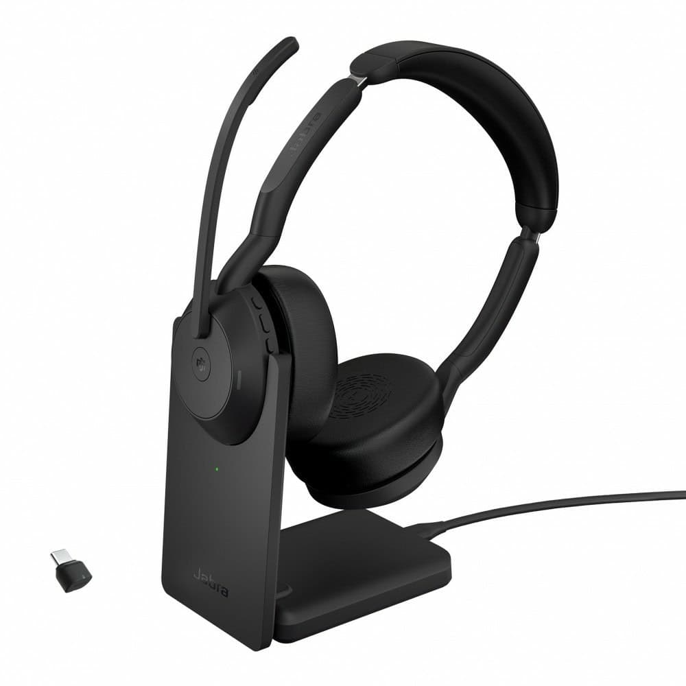 Слушалки Jabra Evolve2 55 (25599-999-889), безжични, Link380c USB-C Bluetooth адаптер, микрофон, 28mm драйвери, ANC, до 16 часа време на работа, Jabra SafeTone, сертифицирани за Microsoft Teams, зарядна стойка, черни