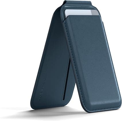 Кожен портфейл (джоб) с вградена поставка за прикрепяне към iPhone с MagSafe - Satechi Vegan-Leather Magnetic Wallet Stand (тъмносин)