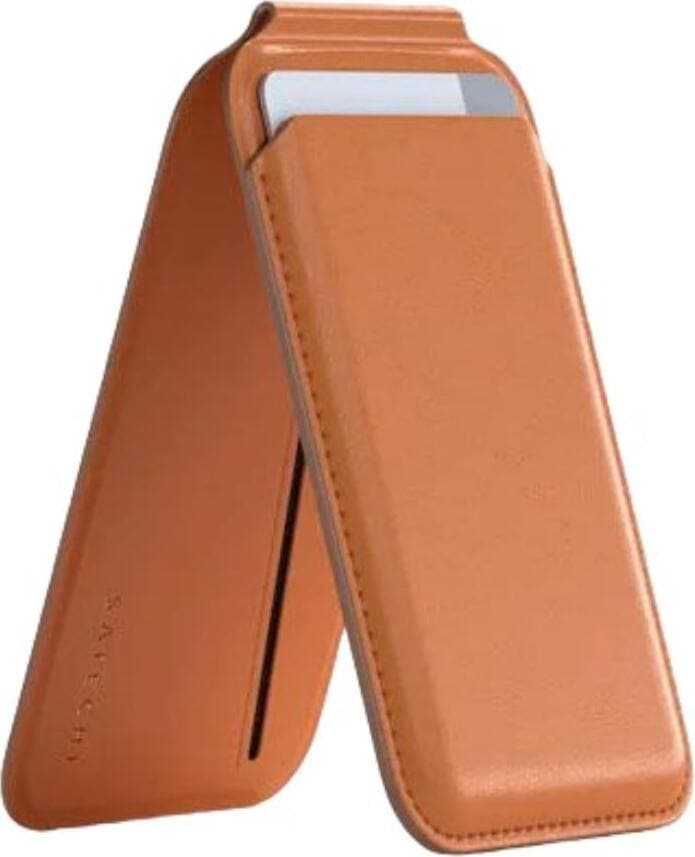 Кожен портфейл (джоб) с вградена поставка за прикрепяне към iPhone с MagSafe - Satechi Vegan-Leather Magnetic Wallet Stand (оранжев)