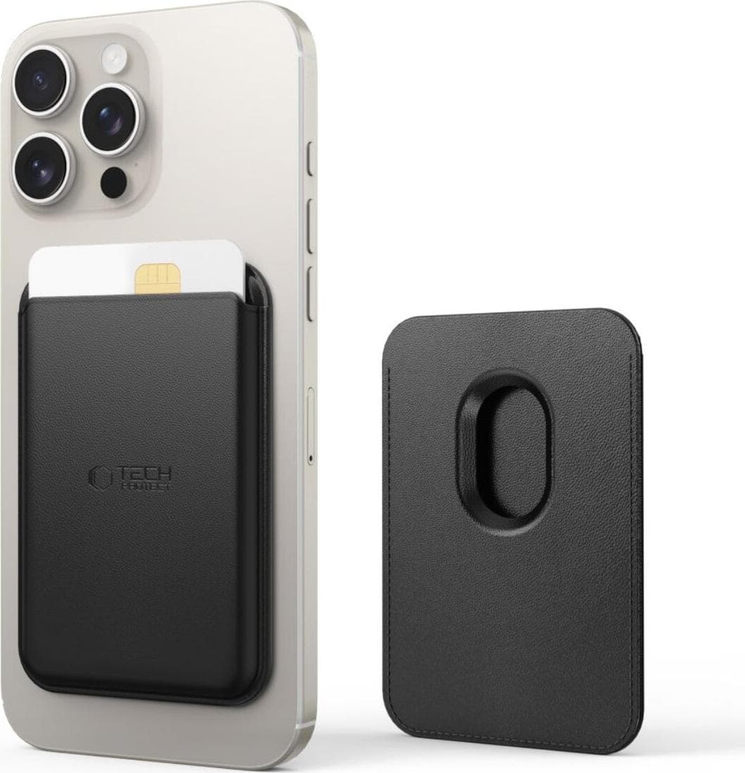 Кожен портфейл (джоб) за прикрепяне към iPhone с MagSafe - Tech-Protect MagWallet MagSafe Universal Magnetic Card Holder (черен)