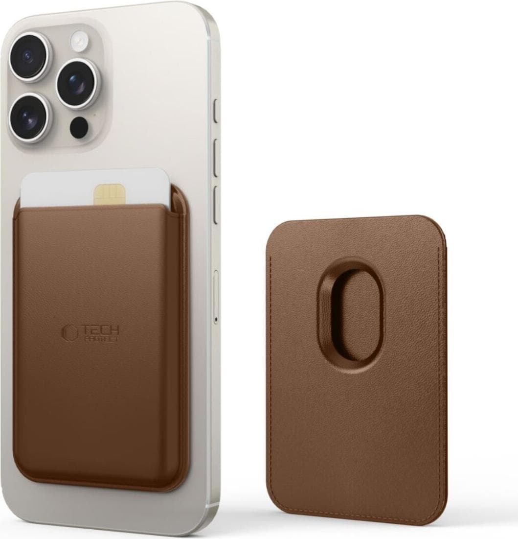 Кожен портфейл (джоб) за прикрепяне към iPhone с MagSafe - Tech-Protect MagWallet MagSafe Universal Magnetic Card Holder (кафяв)