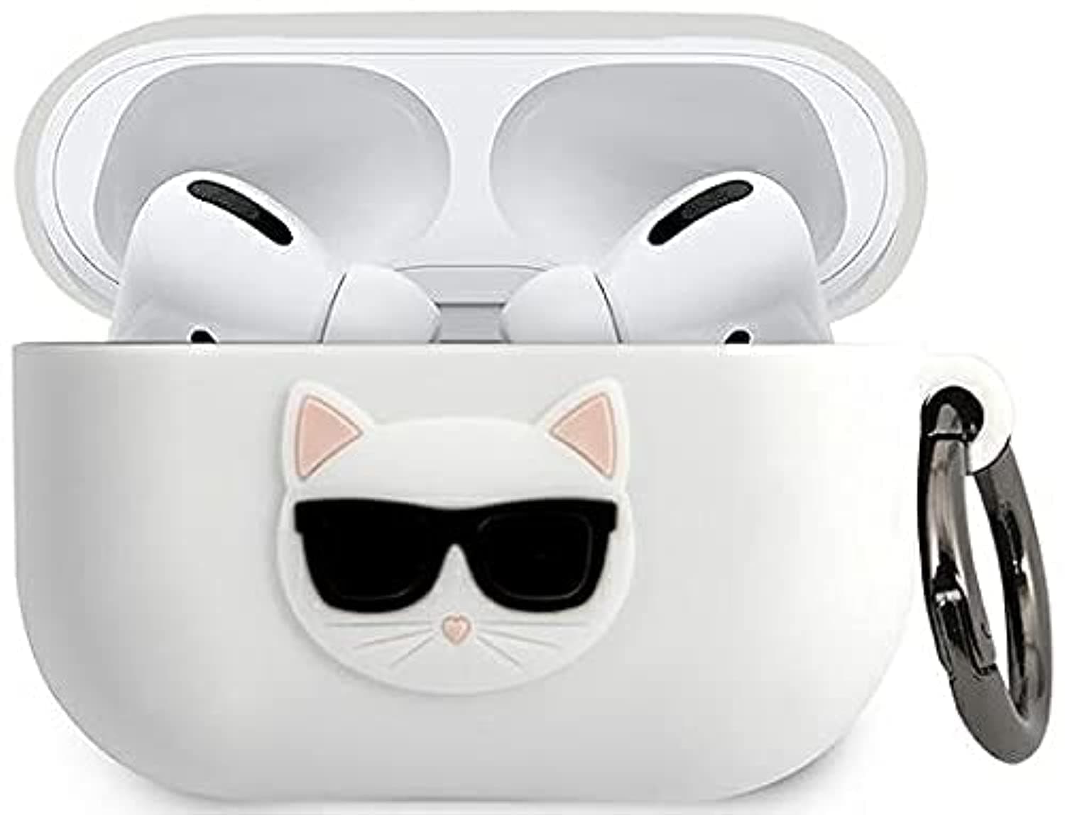 Защитен калъф Karl Lagerfeld Choupette, за Apple Airpods Pro, силиконов, с карабинер, бял