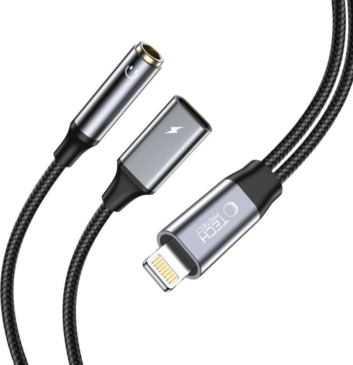 Tech-Protect Ultraboost Lightning to 3.5mm Adapter - Lightning адаптер към 3.5 аудио изход и Lightning изход (15 см) (черен)
