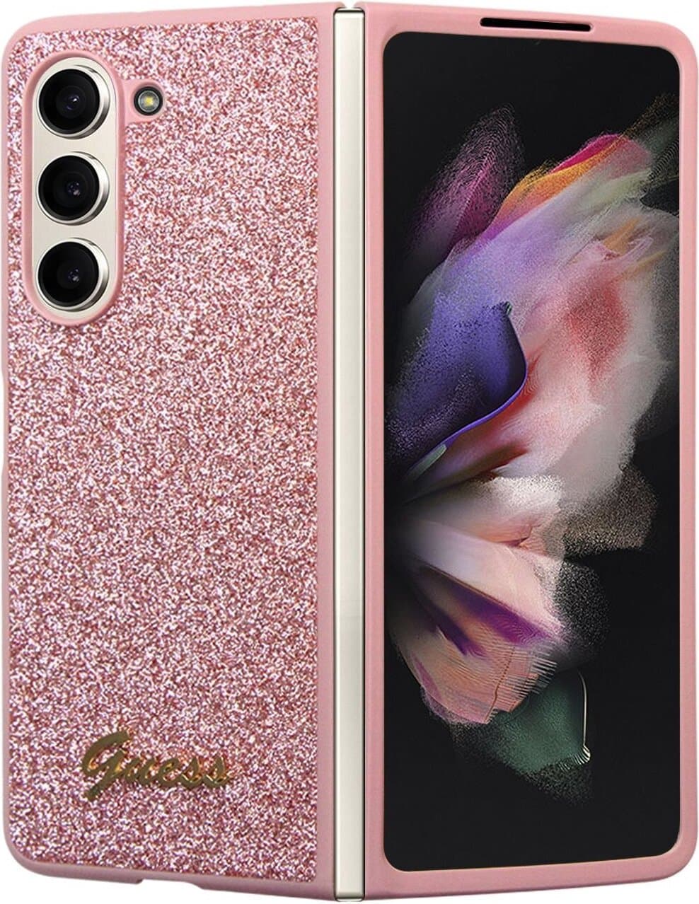 Хибриден удароустойчив кейс за Samsung Galaxy Z Fold5 - Guess Glitter Flakes Metal Logo Case (розов)