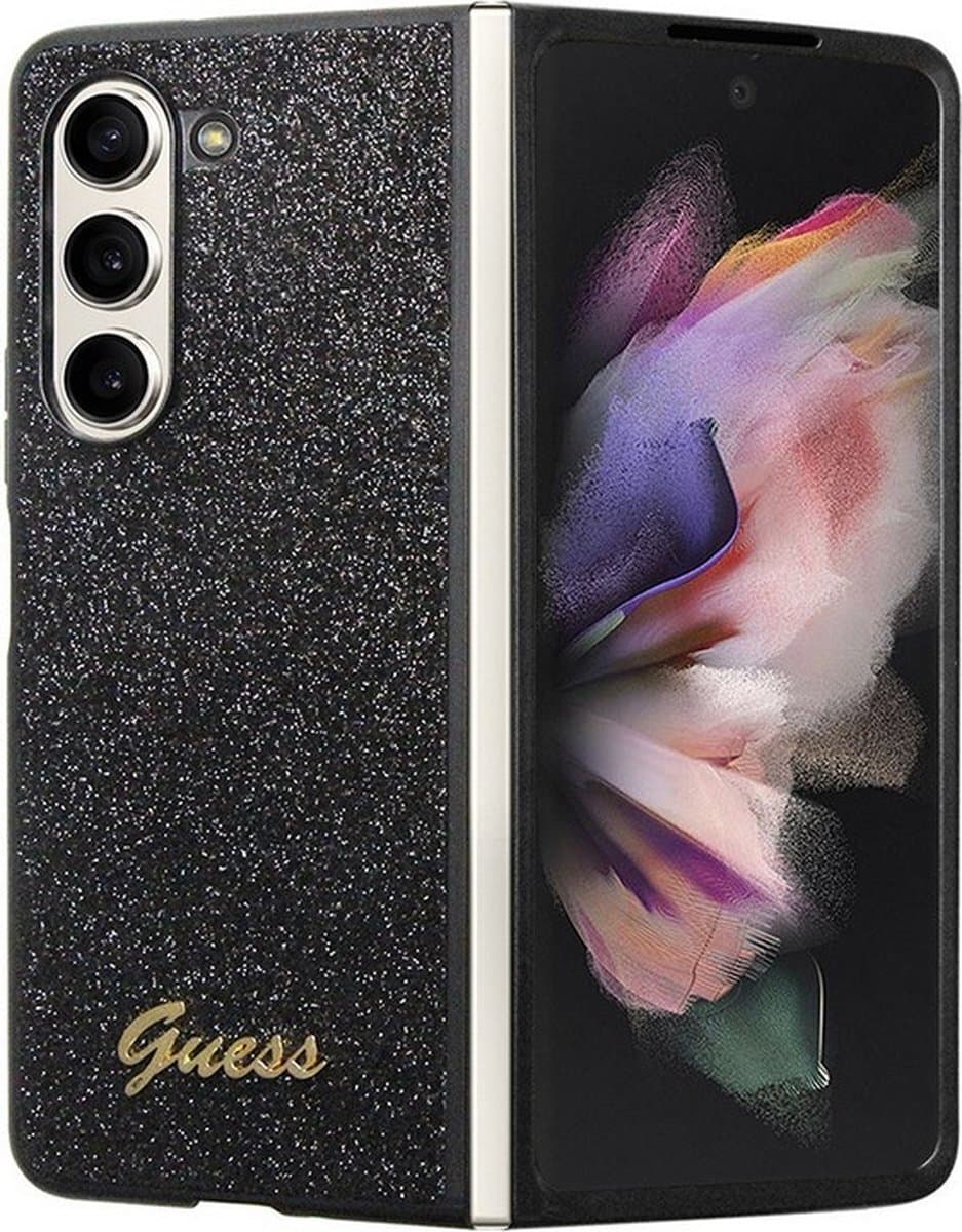 Хибриден удароустойчив кейс за Samsung Galaxy Z Fold5 - Guess Glitter Flakes Metal Logo Case (черен)