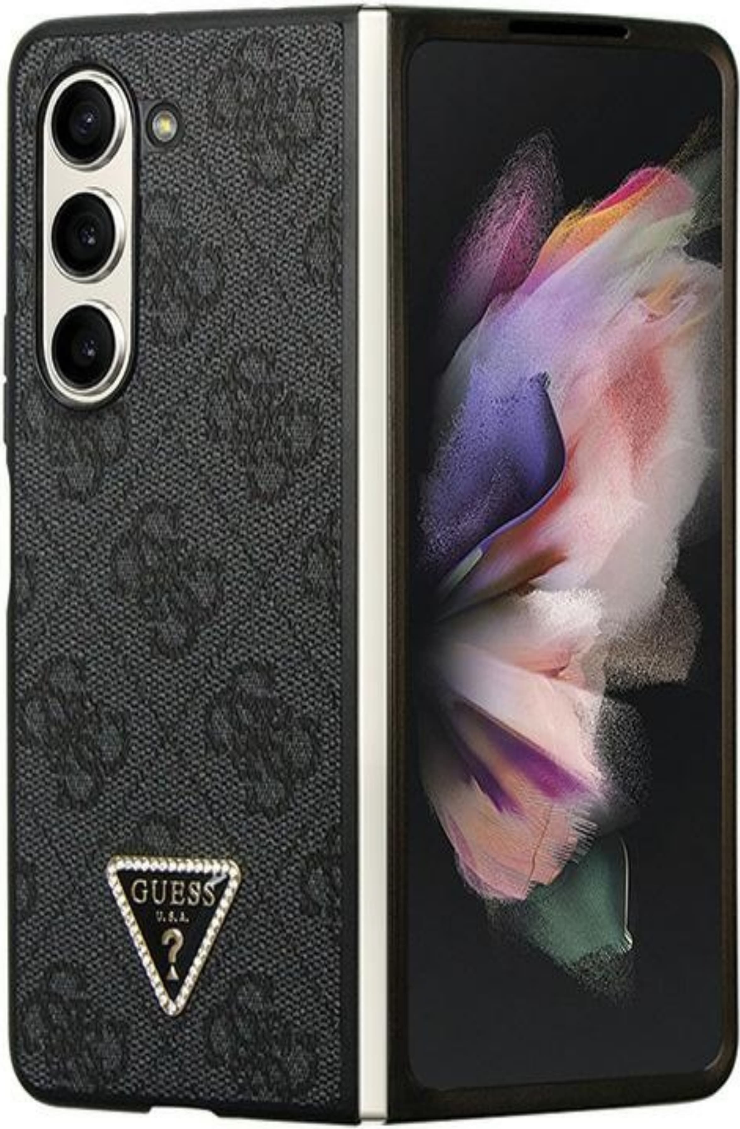 Дизайнерски кожен кейс за Samsung Galaxy Z Fold5 - Guess 4G Triangle PU Leather Hard Case (черен)