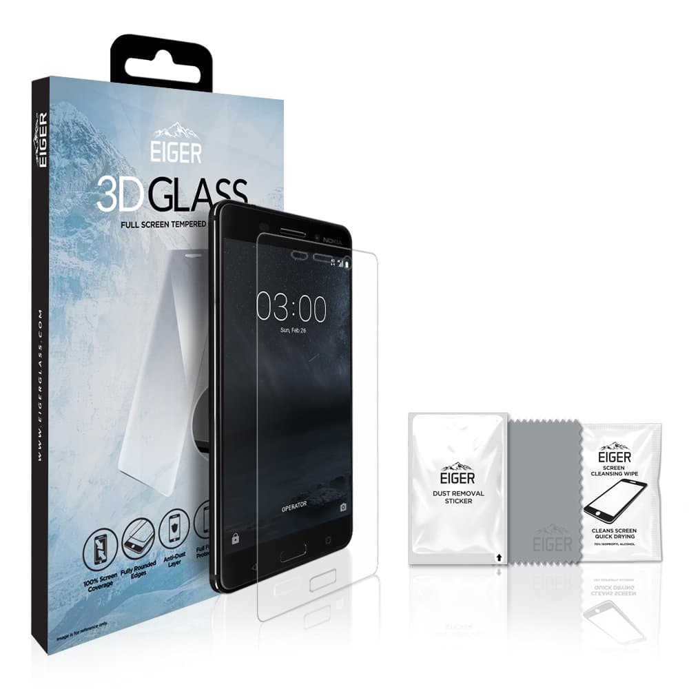Калено стъклено защитно покритие за целия дисплея на Nokia 6 - Eiger 3D Glass Full Screen Tempered Glass (прозрачен)