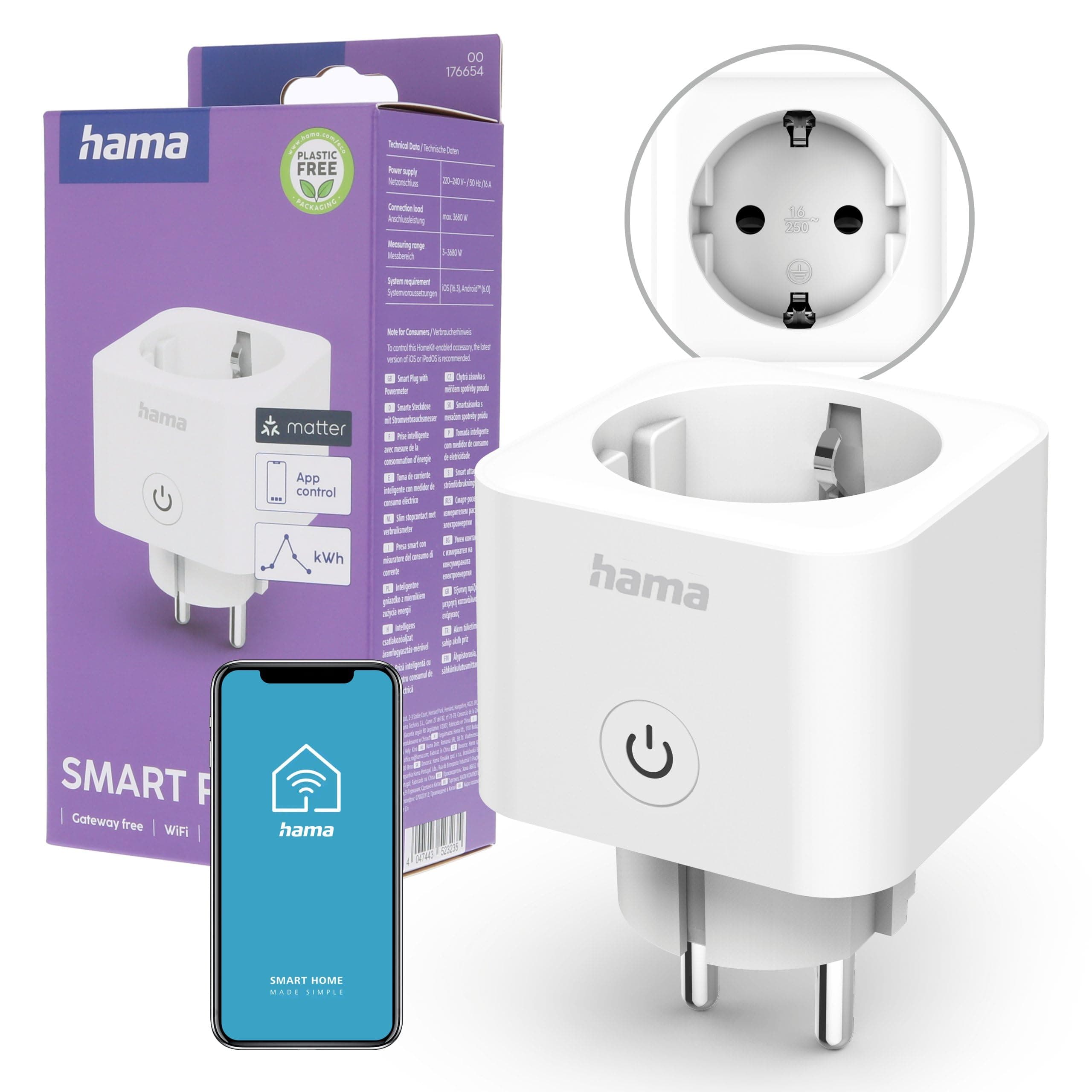 HAMA Смарт мини WiFi контакт 3680W, 16A с прил. за измерване на ен.консумация