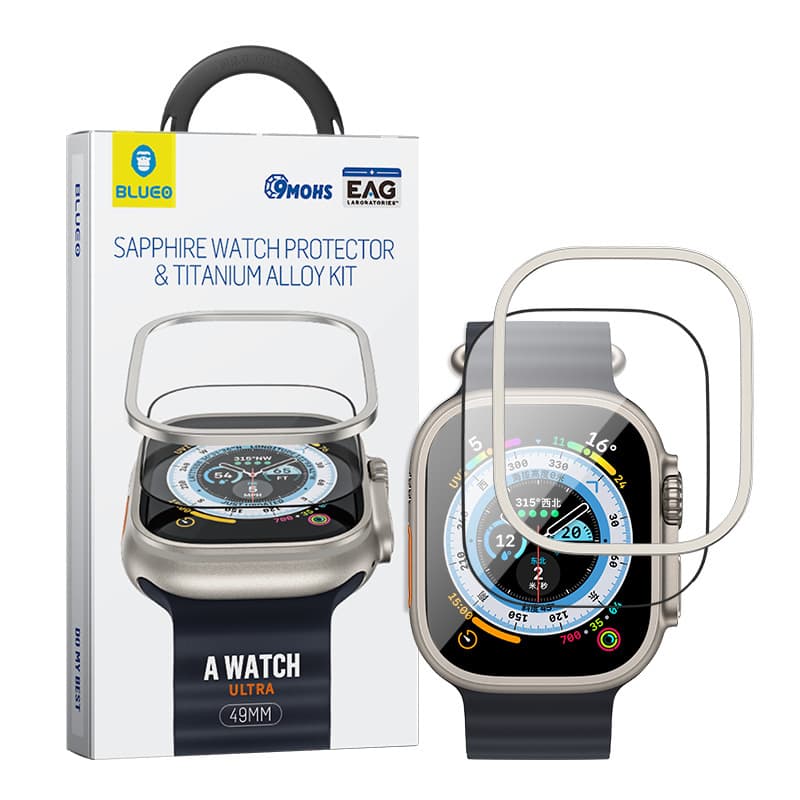 Сапфирено калено стъклено защитно покритие с титаниева рамка за Apple Watch Ultra, Ultra 2 49мм - Blueo Sapphire And Titanium Alloy Tempered Glass Protector Kit (титан-прозрачен)