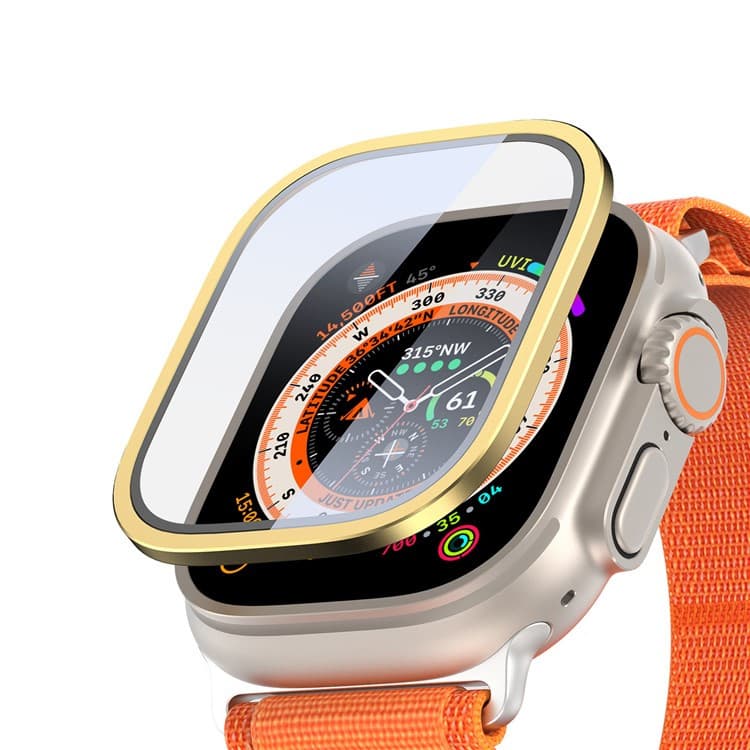 Калено стъклено защитно покритие с алуминиева рамка за Apple Watch Ultra, Ultra 2 49мм - Dux Ducis Flas Tempered Glass Protector With Aluminum Frame (златист-прозрачен)