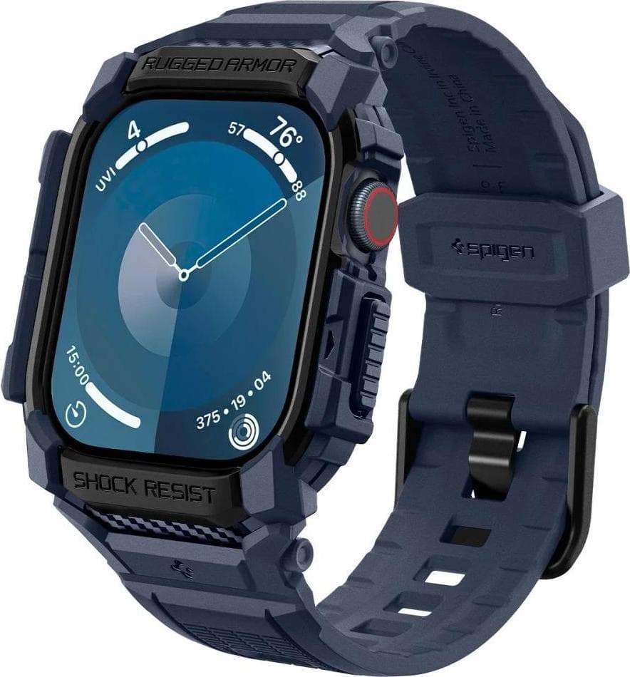 Удароустойчив TPU кейс с вградена каишка за Apple Watch 10 46мм (2024) - Spigen Rugged Armor Case Pro (тъмносин)