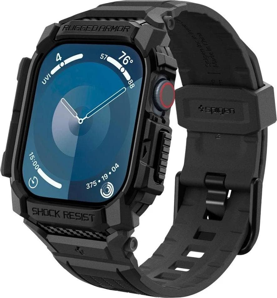 Удароустойчив TPU кейс с вградена каишка за Apple Watch 10 46мм (2024) - Spigen Rugged Armor Pro Case (черен)