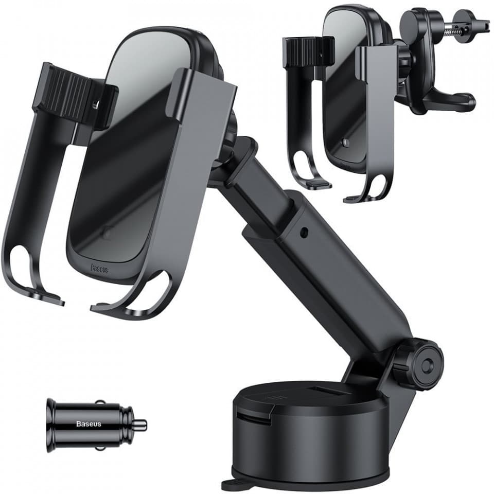 Стойка за телефон Baseus 5in1 Vehicle Bracket Wireless Charger 10W (WXHW01-B01), за кола, универсална, безжично зареждане, за телефони с размер до 6.5" (16.51 cm), черна