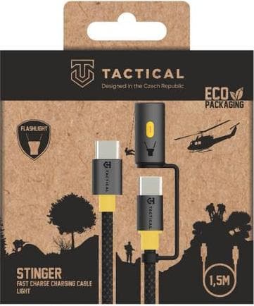 Кабел с бързо зареждане за устройства с USB-C порт и LED светлина - Tactical Stinger 2-in-1 USB-C Cable 60W (150 см) (черен)